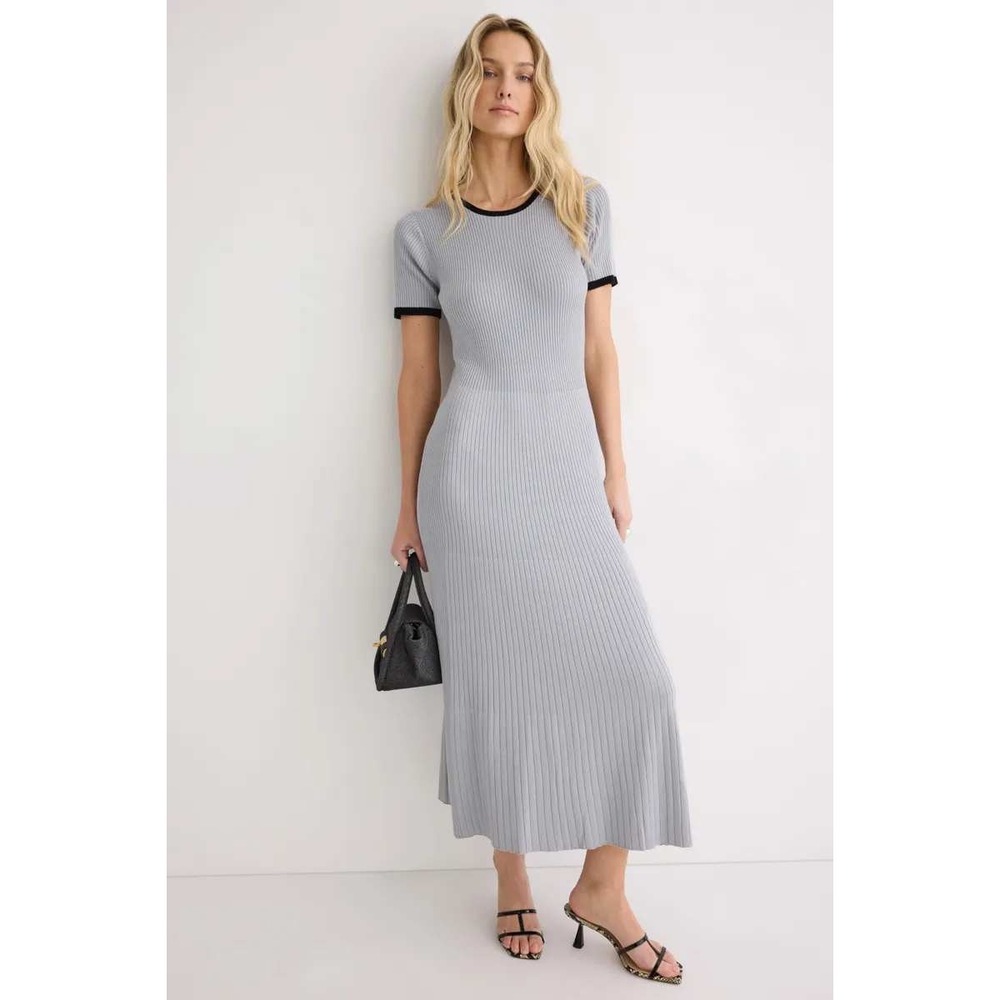 Alexia Admor Keiko Dress Gray Ribbed Knit Maxi Black Trim Short Sleeve‎ Sz XS